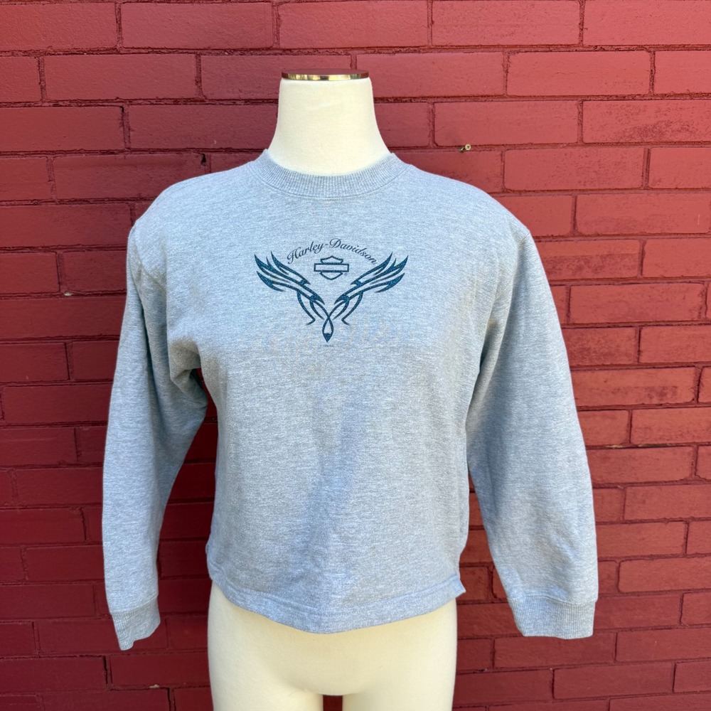 Harley Davidson Savannah Georgia Graphic Sweatshirt Gray Glitter Wings Womens M